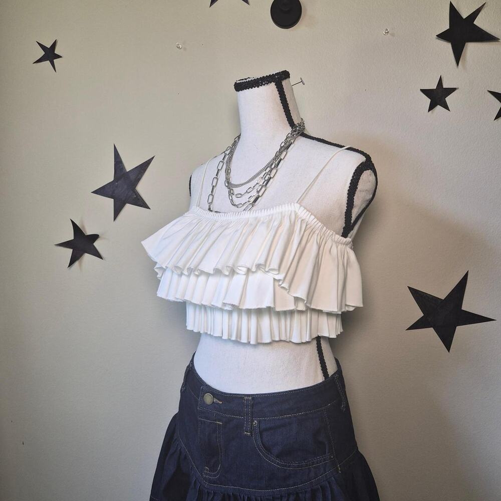 Y2K Zara Tiered Ruffle Crop Tank Top Coquette Fairy Angel Festival Dollette S - Picture 2 of 6
